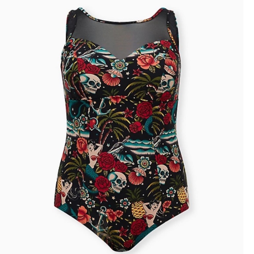 NWT TORRID TATTOO MERMAID PRINT MESH TOP SWIMSUIT
